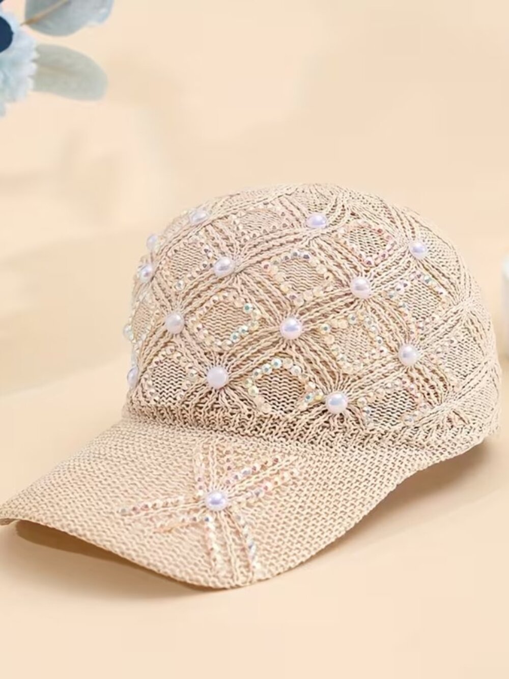 Baseball Hat Beige Pearl Rhinestone Net Cap Summer Adjustable